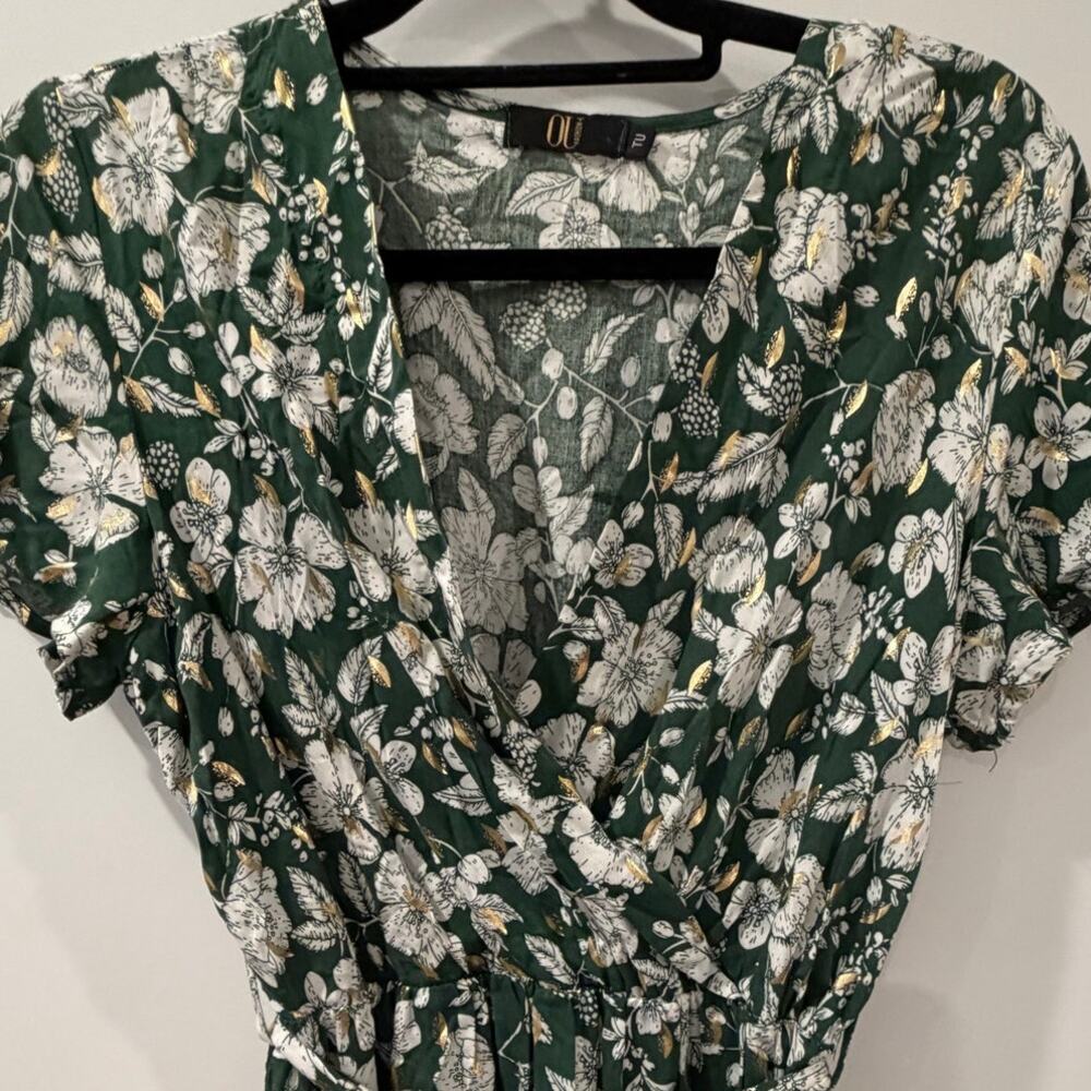 French Fashion 100% Viscose Short Sleeve Maxi Dress Faux Wrap Green Gold Florals